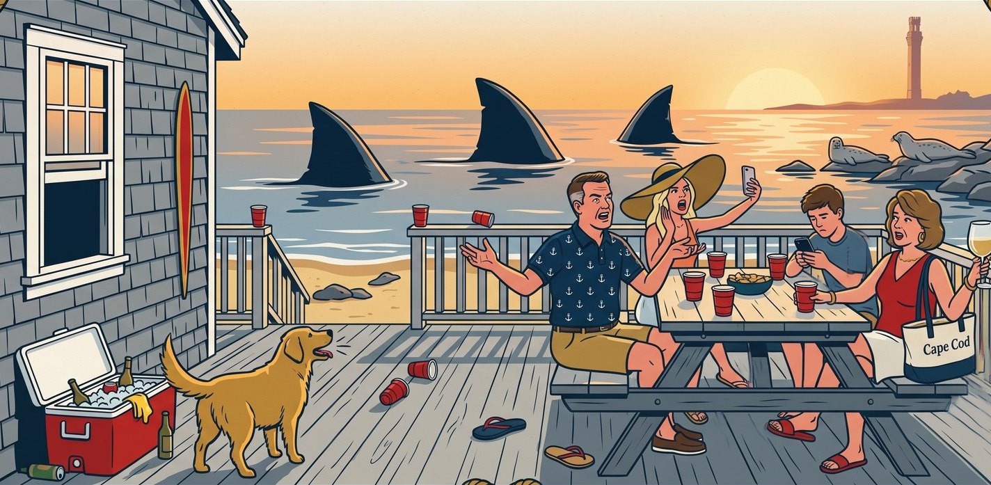 CHUM key art — Cape Cod beach, sharks, a family at the table